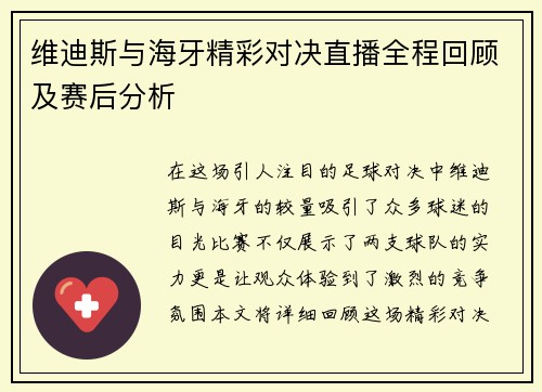 维迪斯与海牙精彩对决直播全程回顾及赛后分析